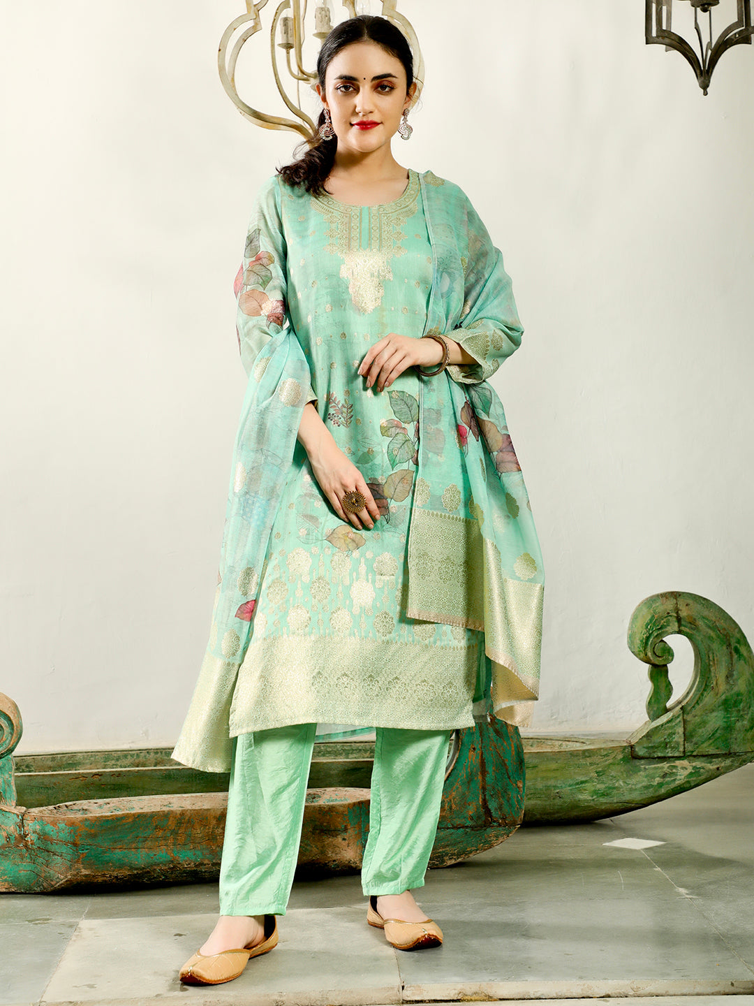 Green Chanderi Jacquard Kurta set with Dupatta