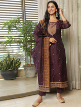 Purple Woven Designed Kurta Pant With Dupatta - Elganza