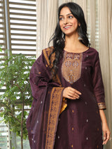 Purple Woven Designed Kurta Pant With Dupatta - Elganza