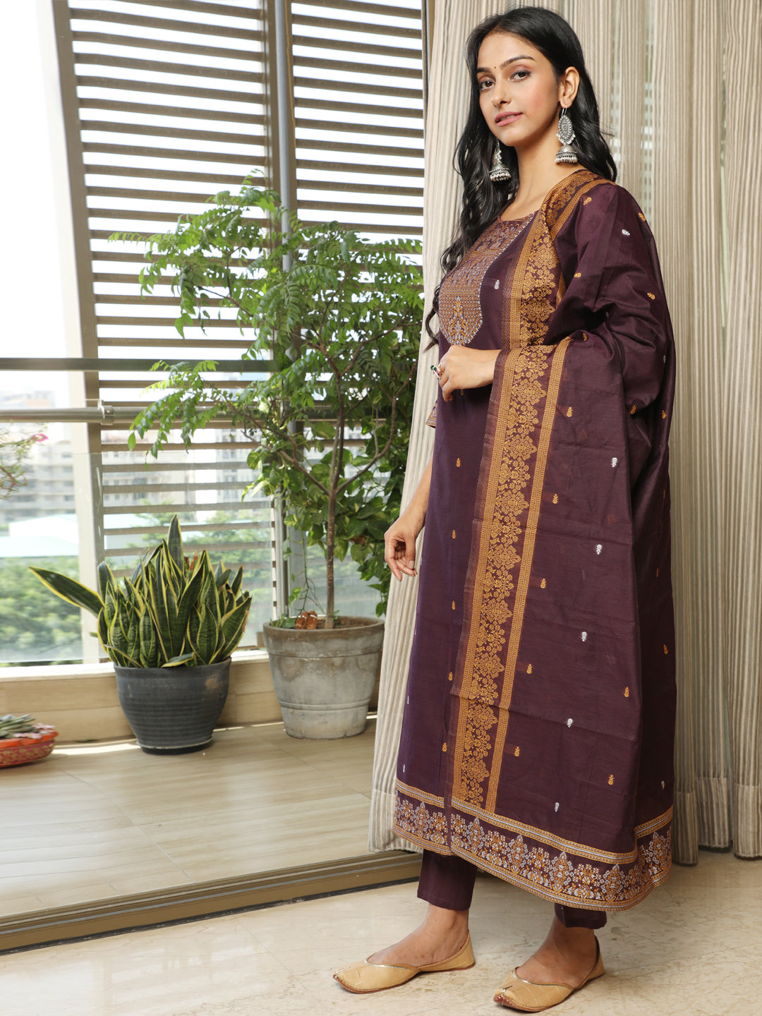 Purple Woven Designed Kurta Pant With Dupatta - Elganza