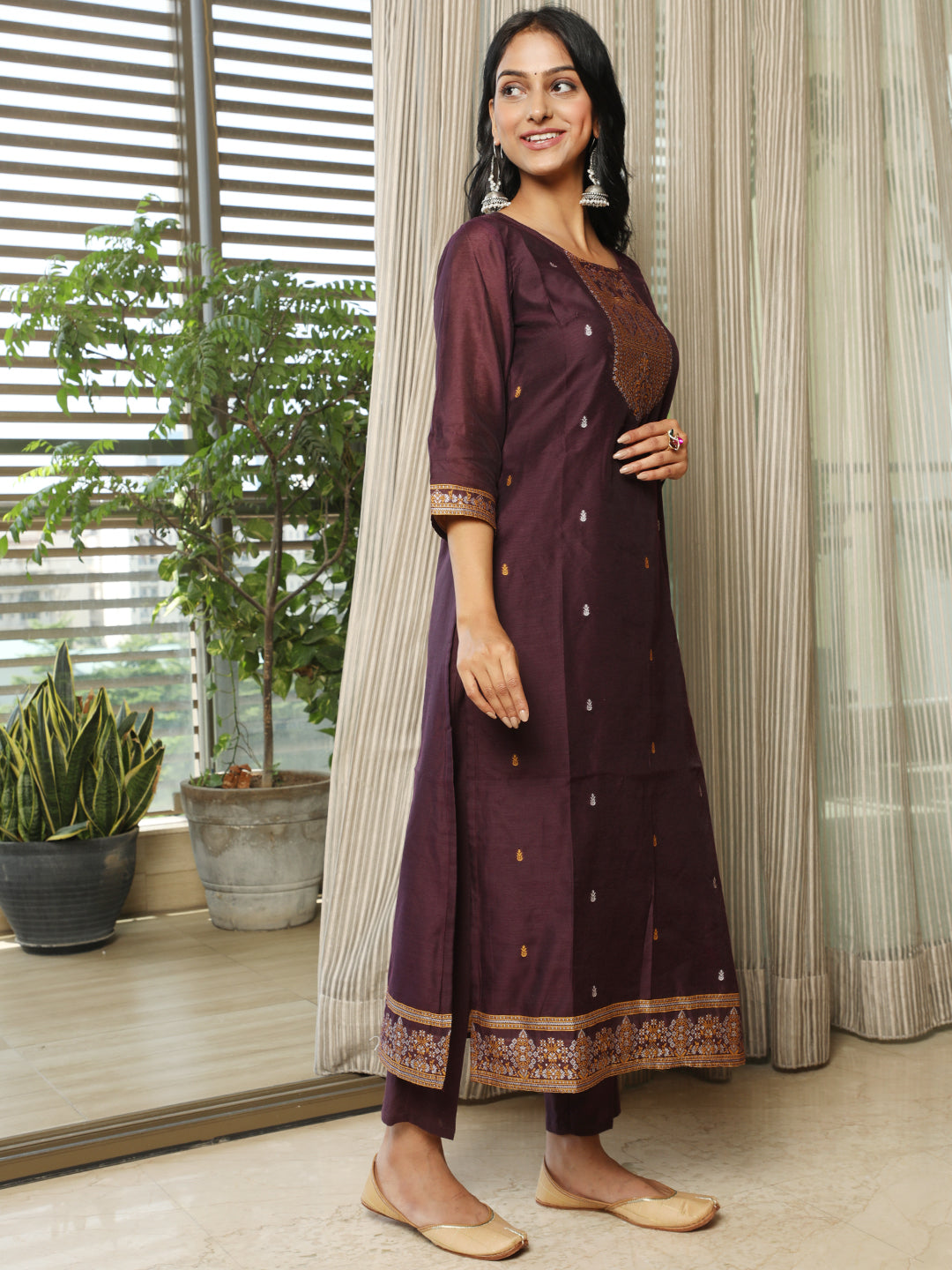 Purple Woven Designed Kurta Pant With Dupatta - Elganza