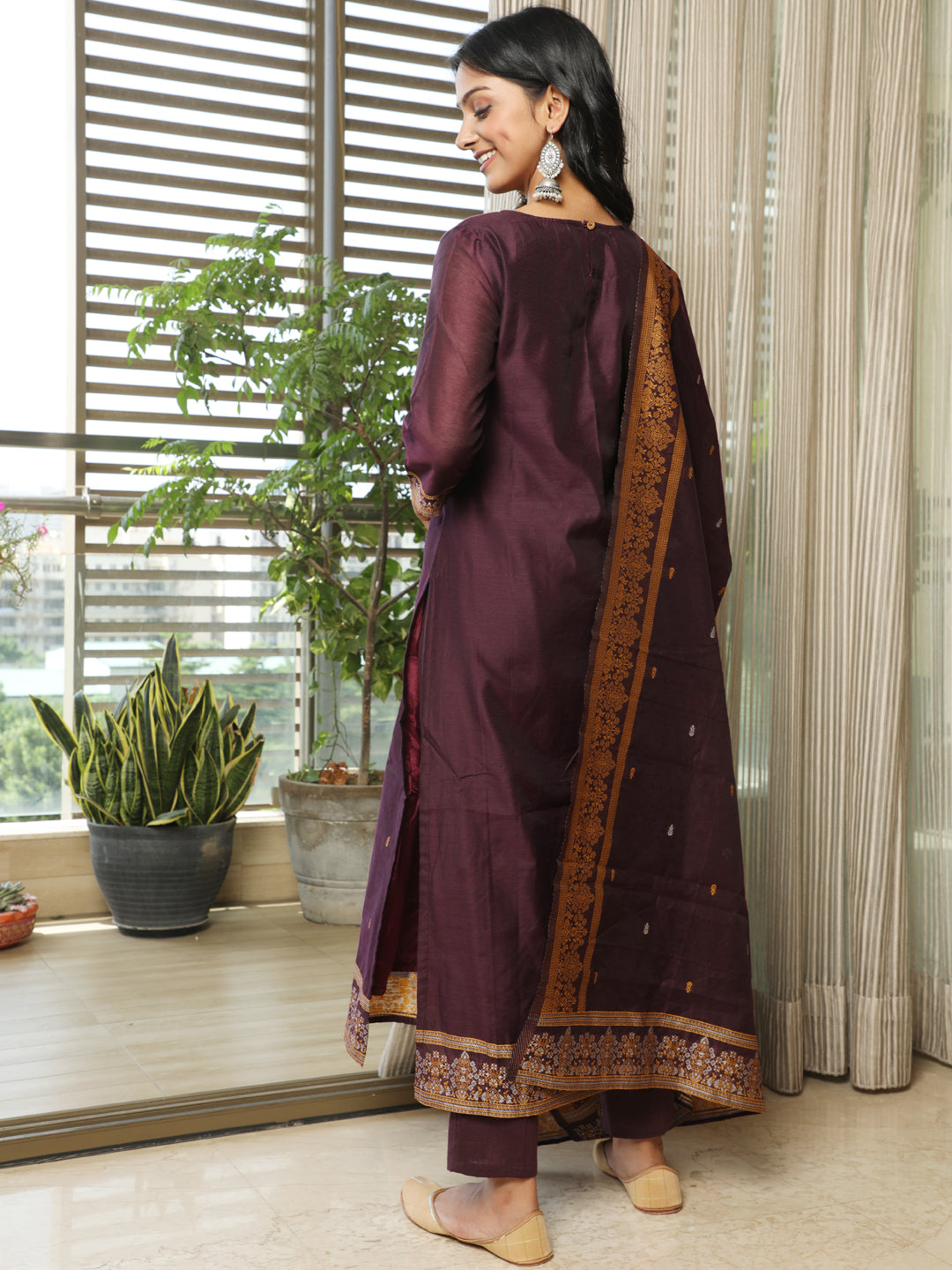 Purple Woven Designed Kurta Pant With Dupatta - Elganza