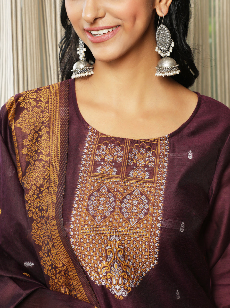 Purple Woven Designed Kurta Pant With Dupatta - Elganza