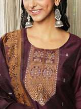 Purple Woven Designed Kurta Pant With Dupatta - Elganza