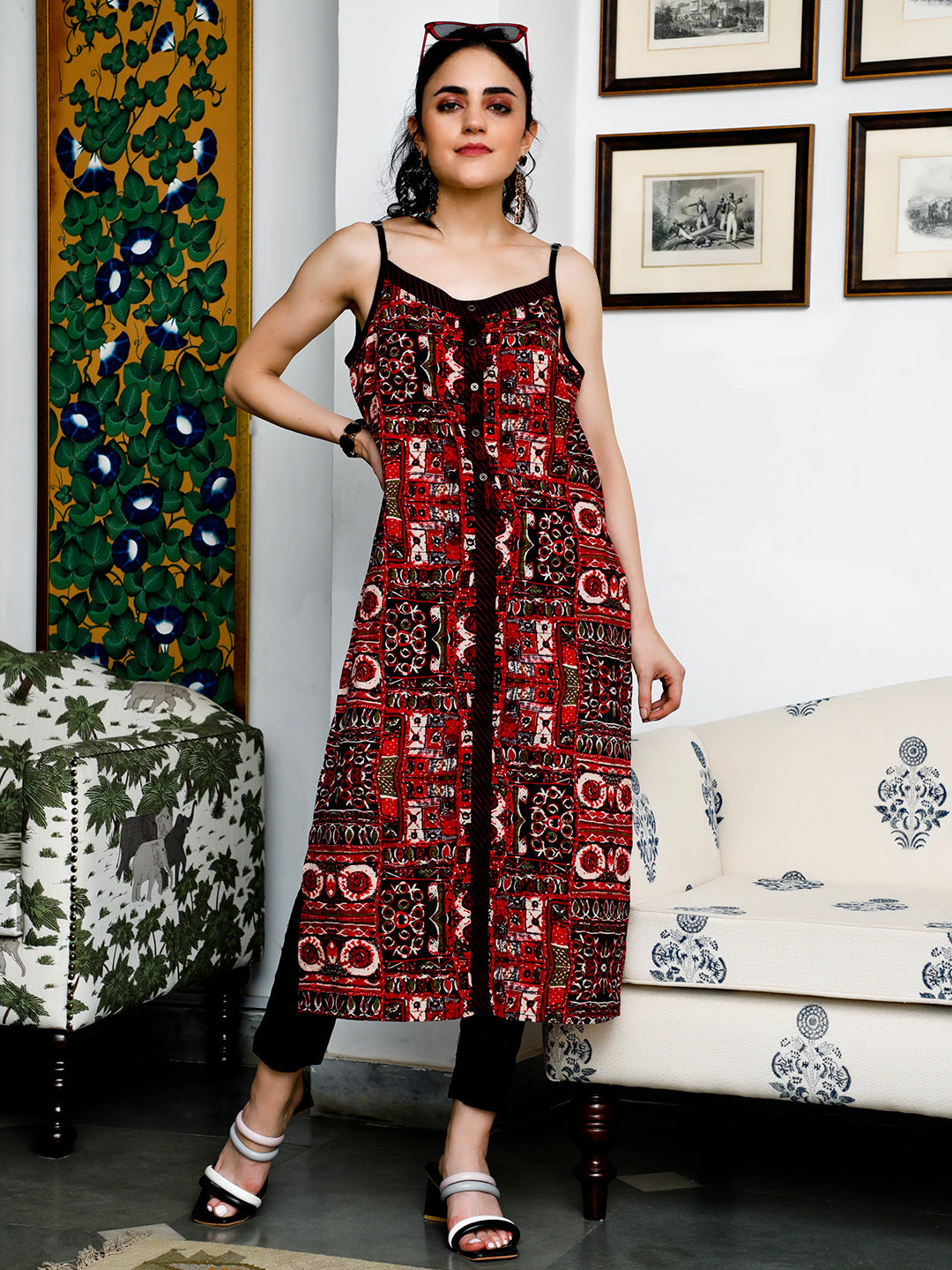 Black & Maroon Printed Kurta - Elganza