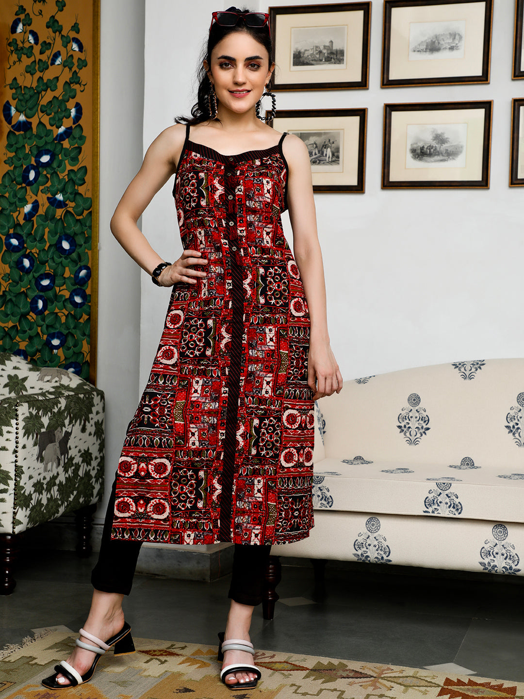 Black & Maroon Printed Kurta - Elganza