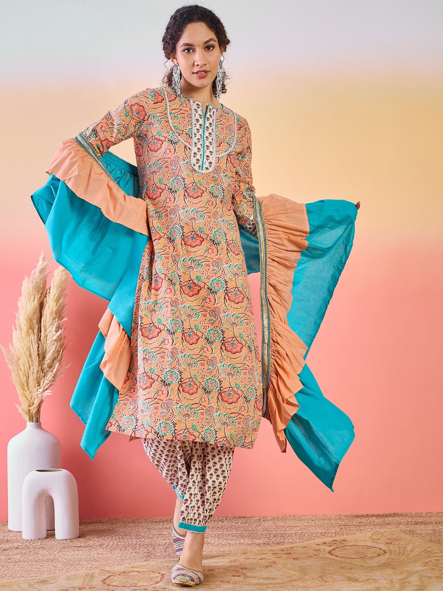 Peach Floral Print Kurta Palazzo With Dupatta