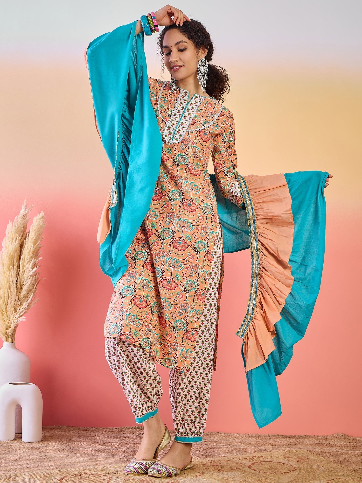 Peach Floral Print Kurta Palazzo With Dupatta