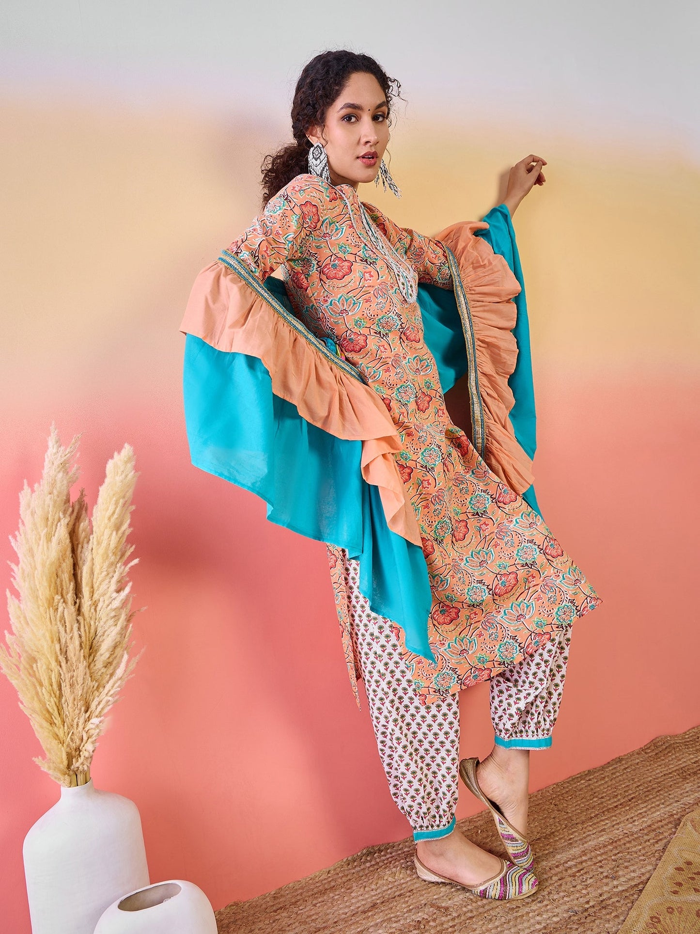 Peach Floral Print Kurta Palazzo With Dupatta