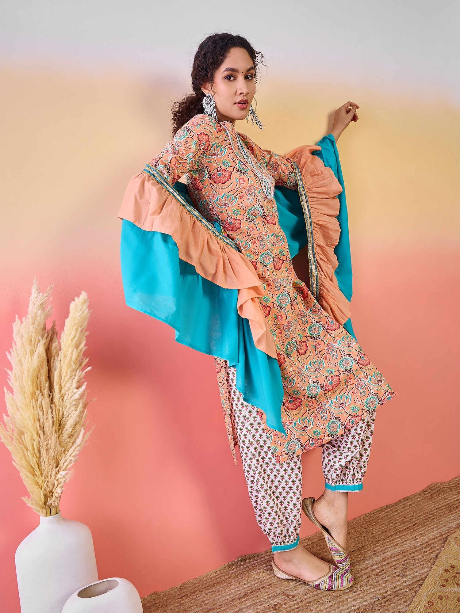 Peach Floral Print Kurta Palazzo With Dupatta