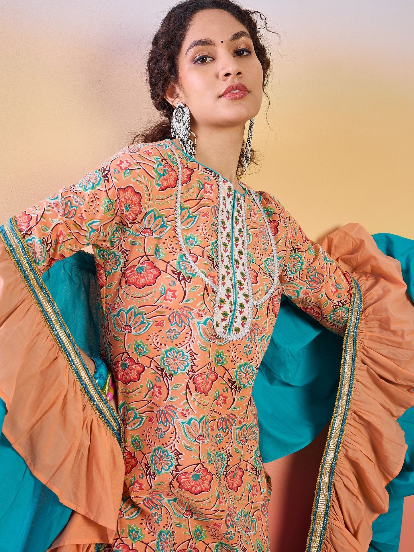 Peach Floral Print Kurta Palazzo With Dupatta