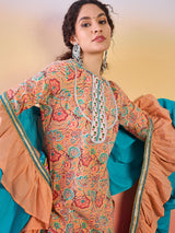 Peach Floral Print Kurta Palazzo With Dupatta