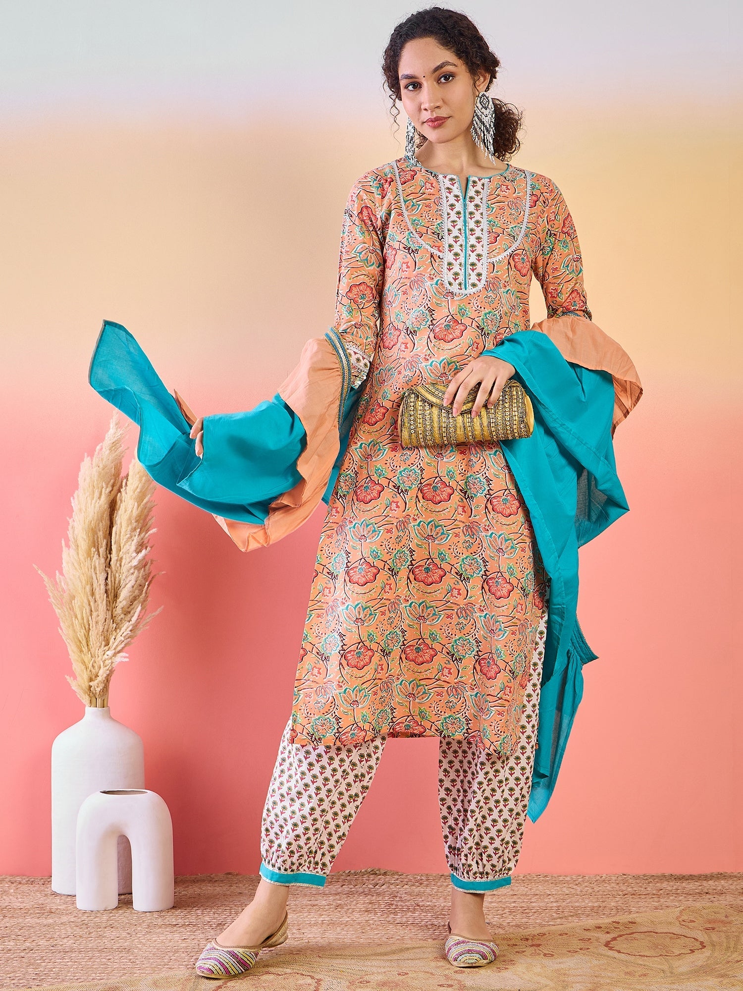 Peach Floral Print Kurta Palazzo With Dupatta