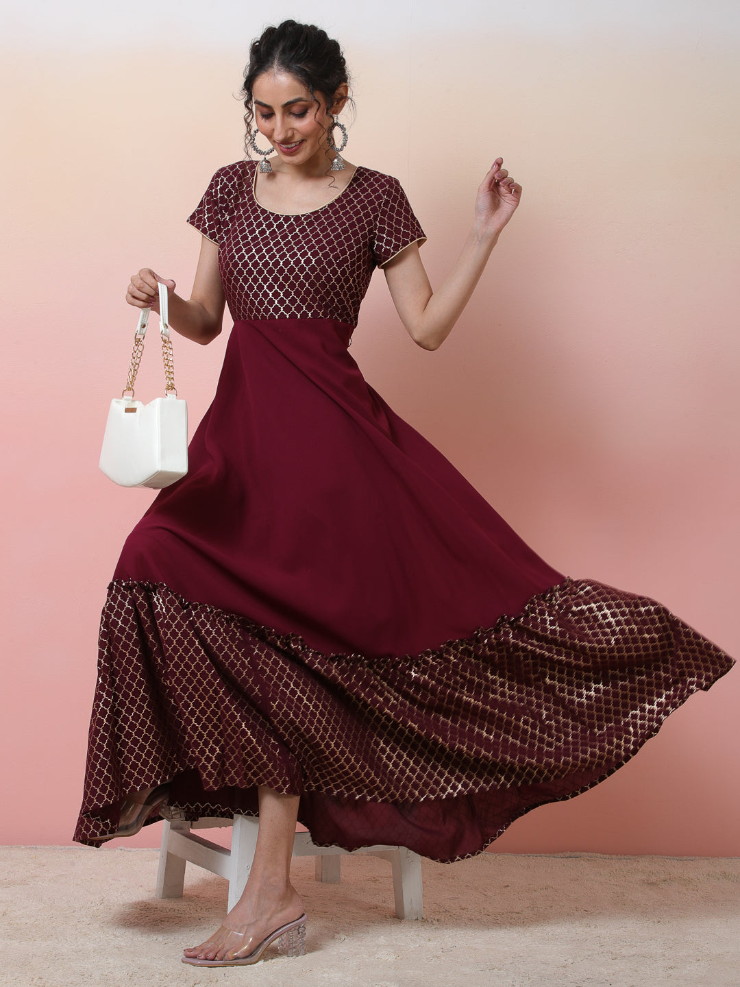 Maroon Gold Foil Print Maxi Dress - Elganza