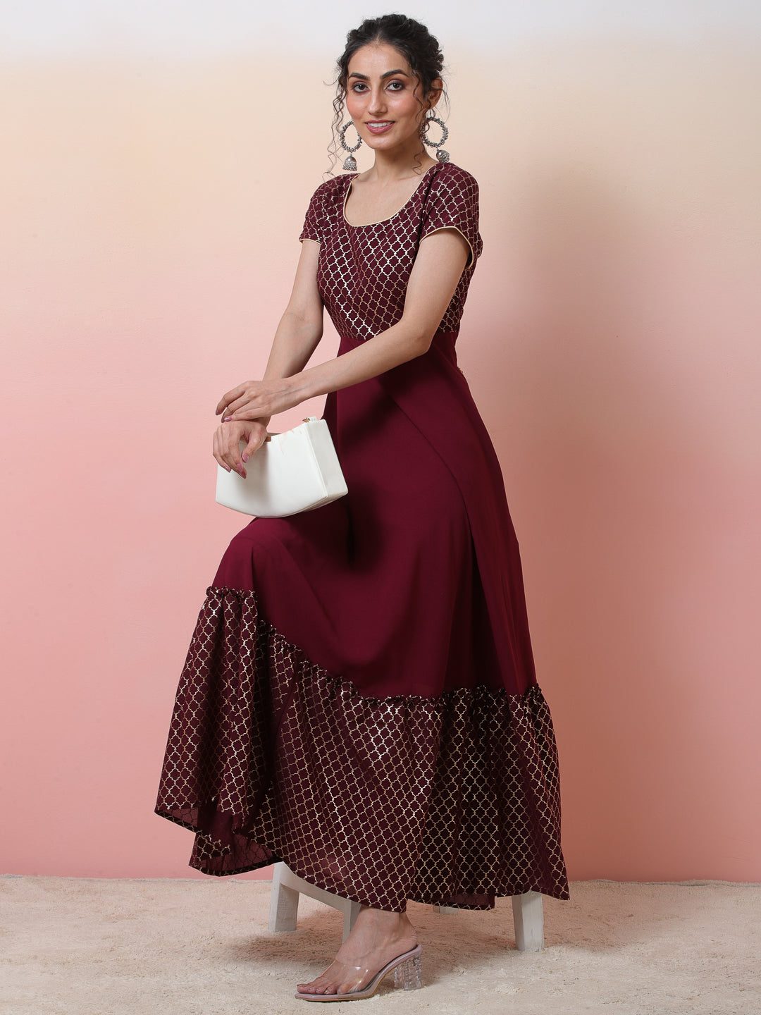 Maroon Gold Foil Print Maxi Dress - Elganza