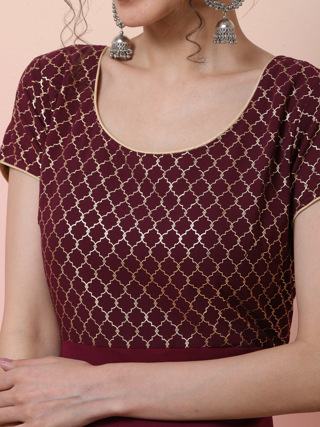 Maroon Gold Foil Print Maxi Dress - Elganza