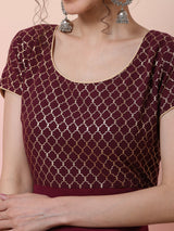 Maroon Gold Foil Print Maxi Dress - Elganza