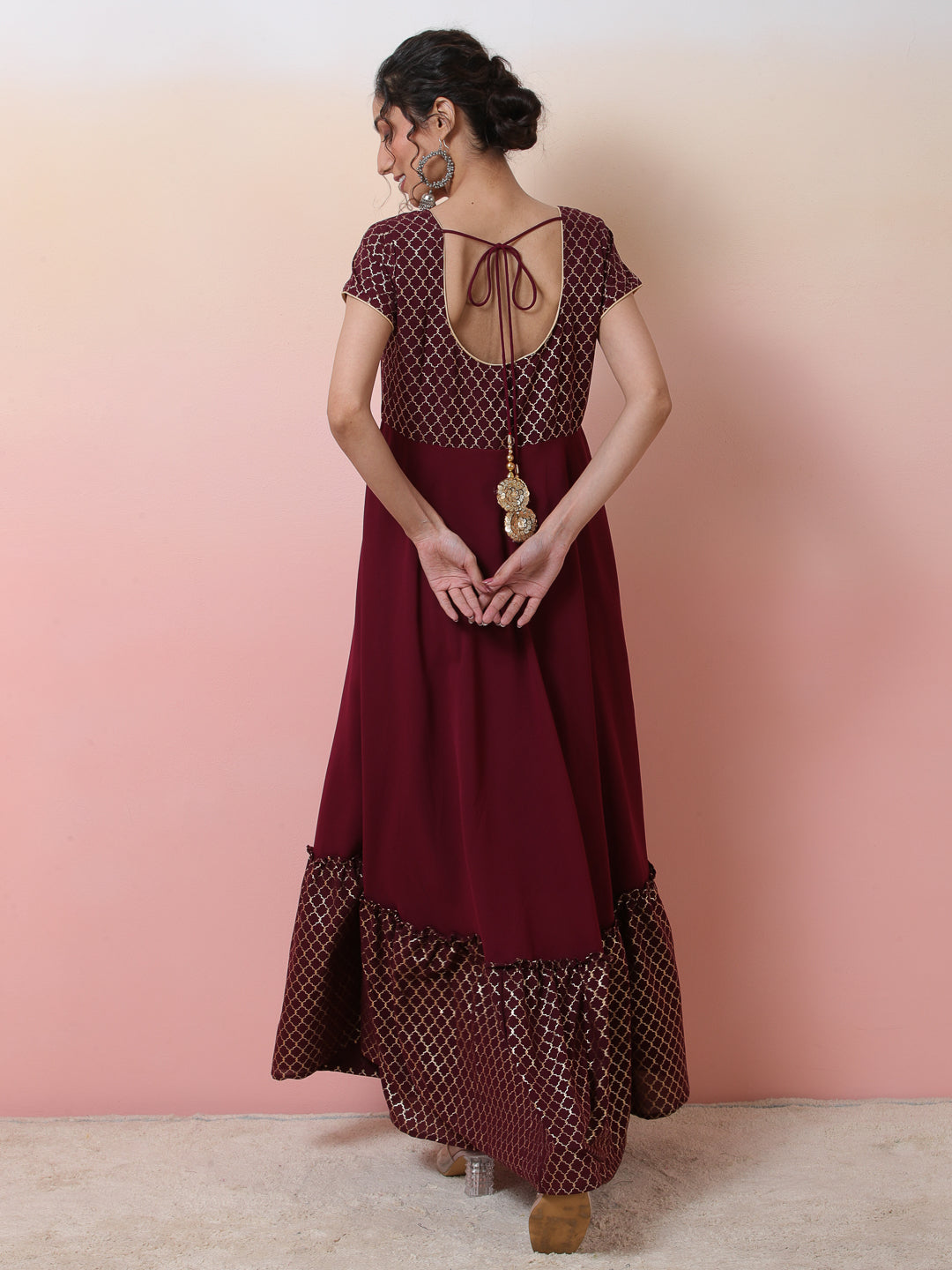 Maroon Gold Foil Print Maxi Dress - Elganza