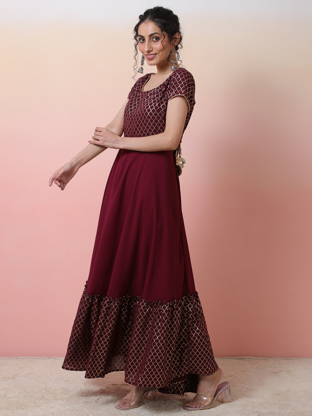 Maroon Gold Foil Print Maxi Dress - Elganza