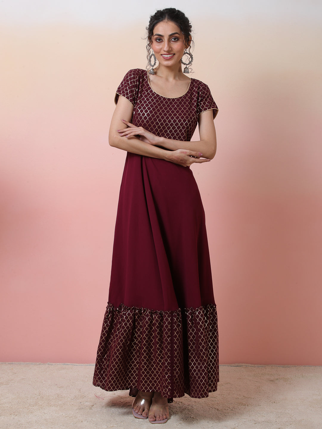 Maroon Gold Foil Print Maxi Dress - Elganza