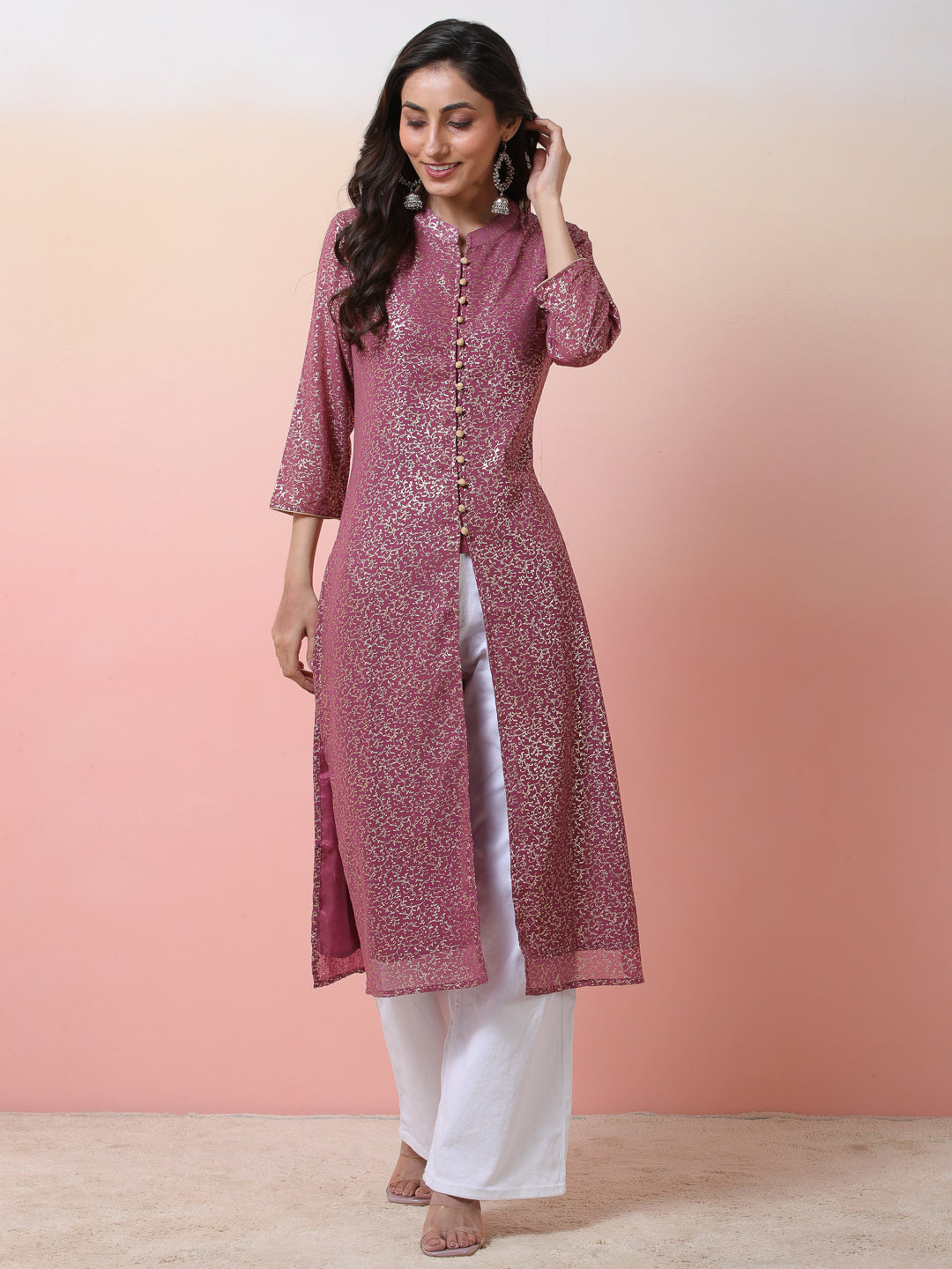 Mauve Gold Foil Print High Slit Kurta - Elganza