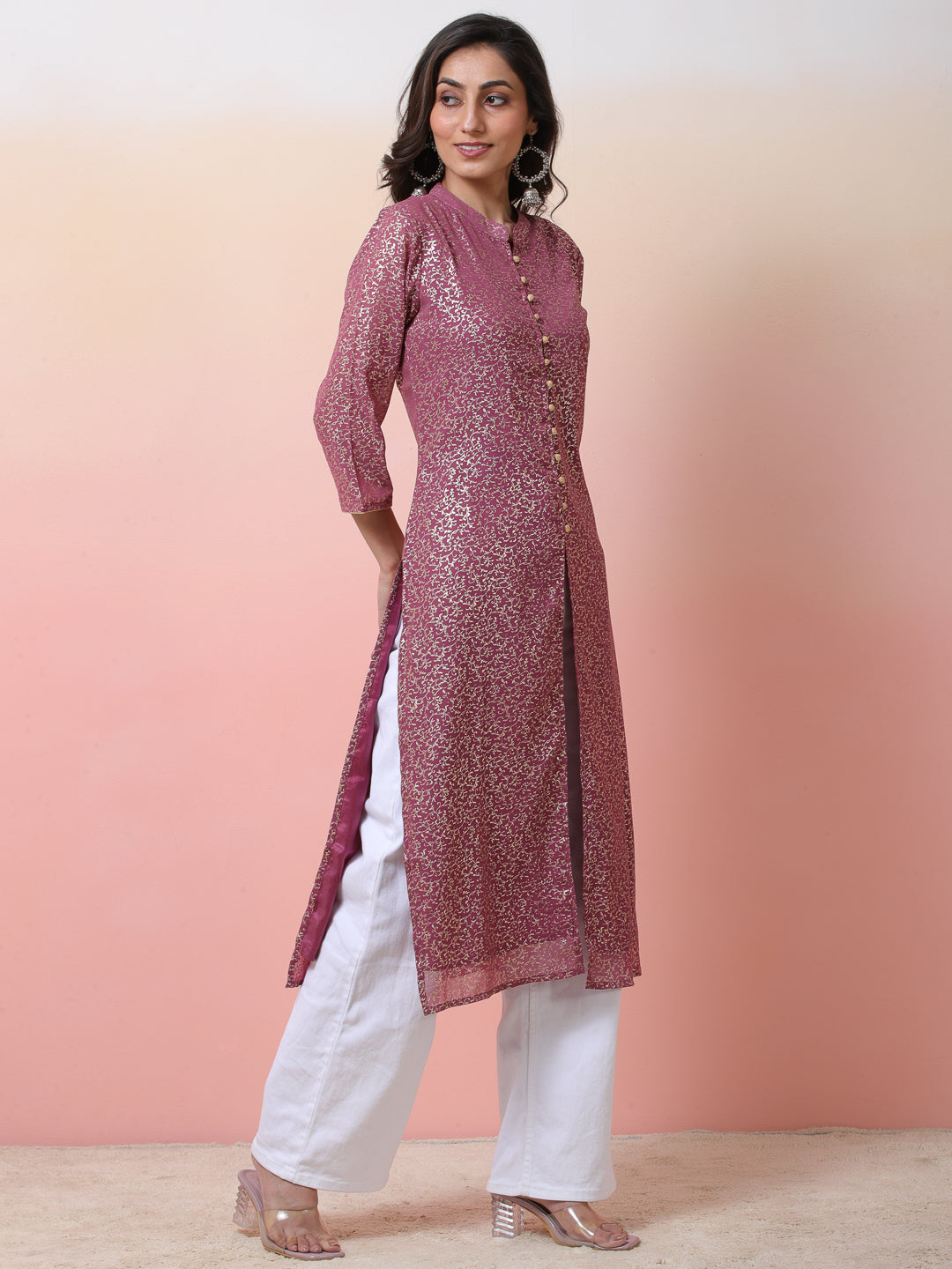 Mauve Gold Foil Print High Slit Kurta - Elganza