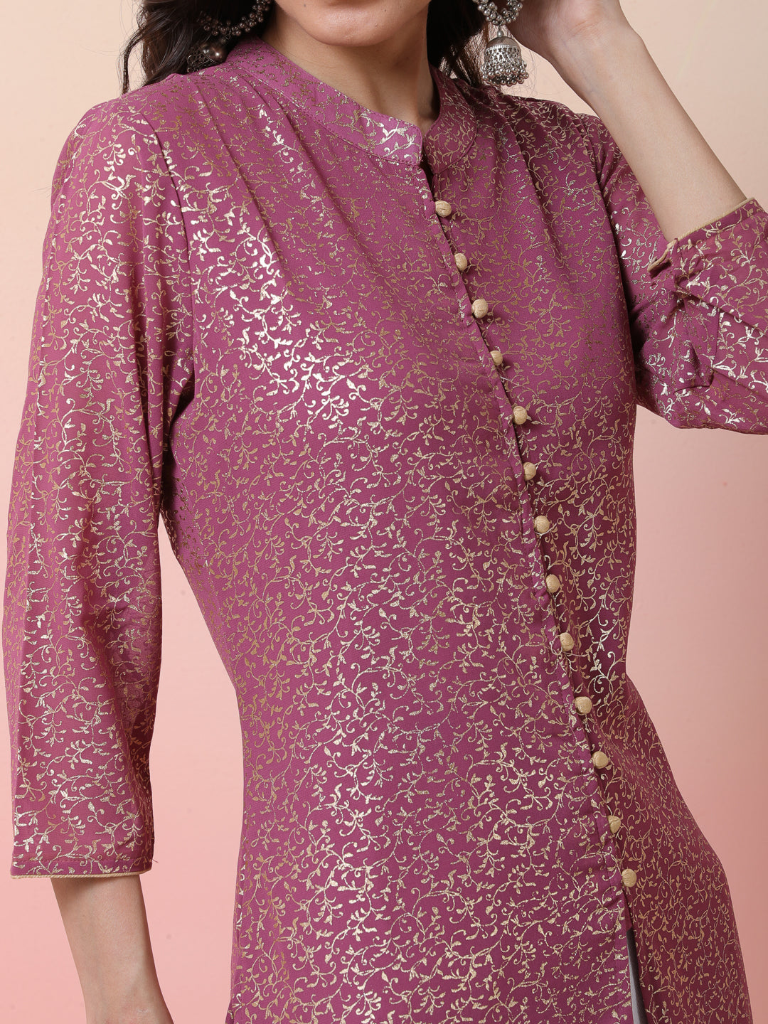 Mauve Gold Foil Print High Slit Kurta - Elganza