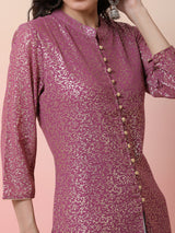 Mauve Gold Foil Print High Slit Kurta - Elganza