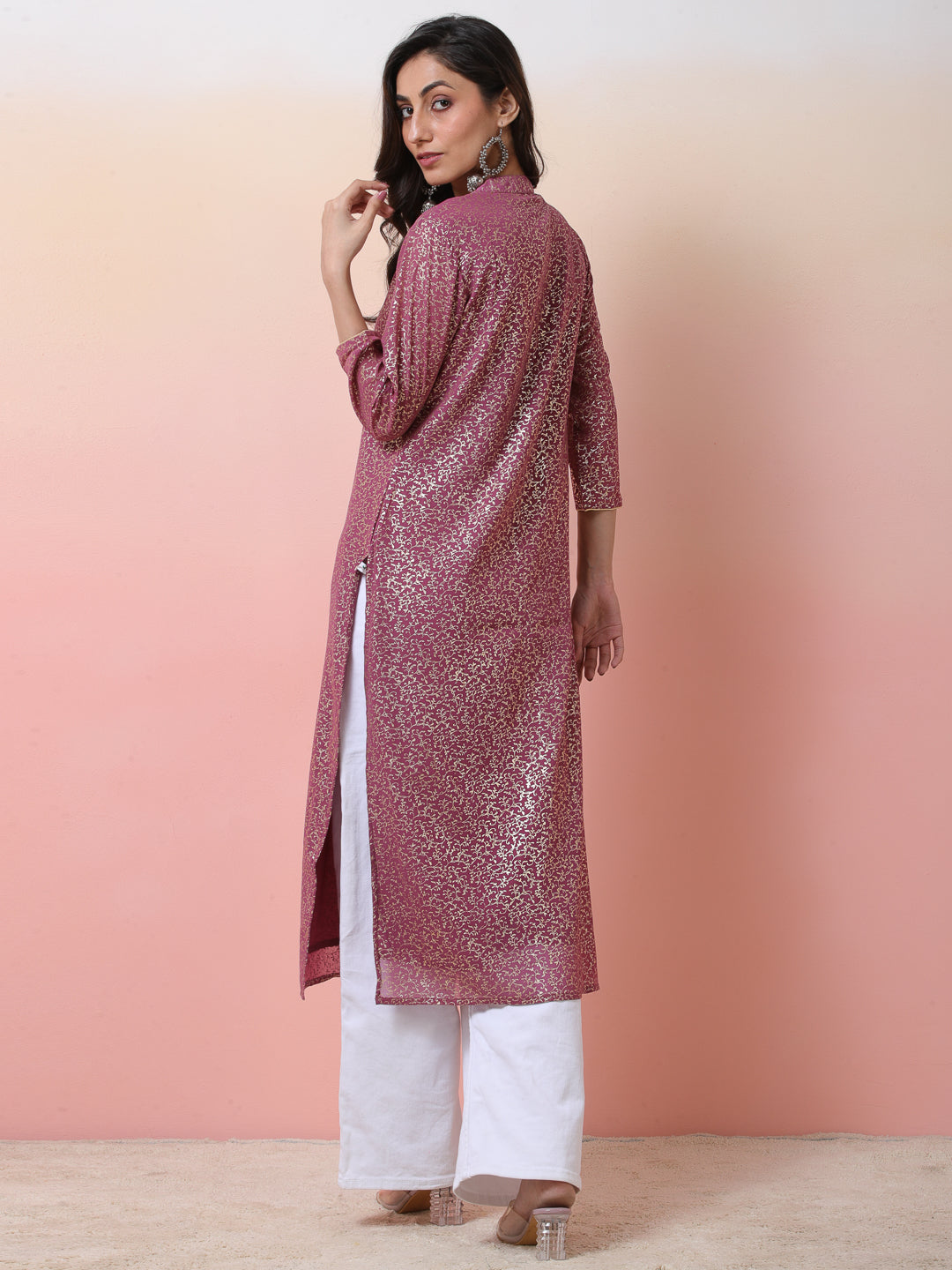 Mauve Gold Foil Print High Slit Kurta - Elganza