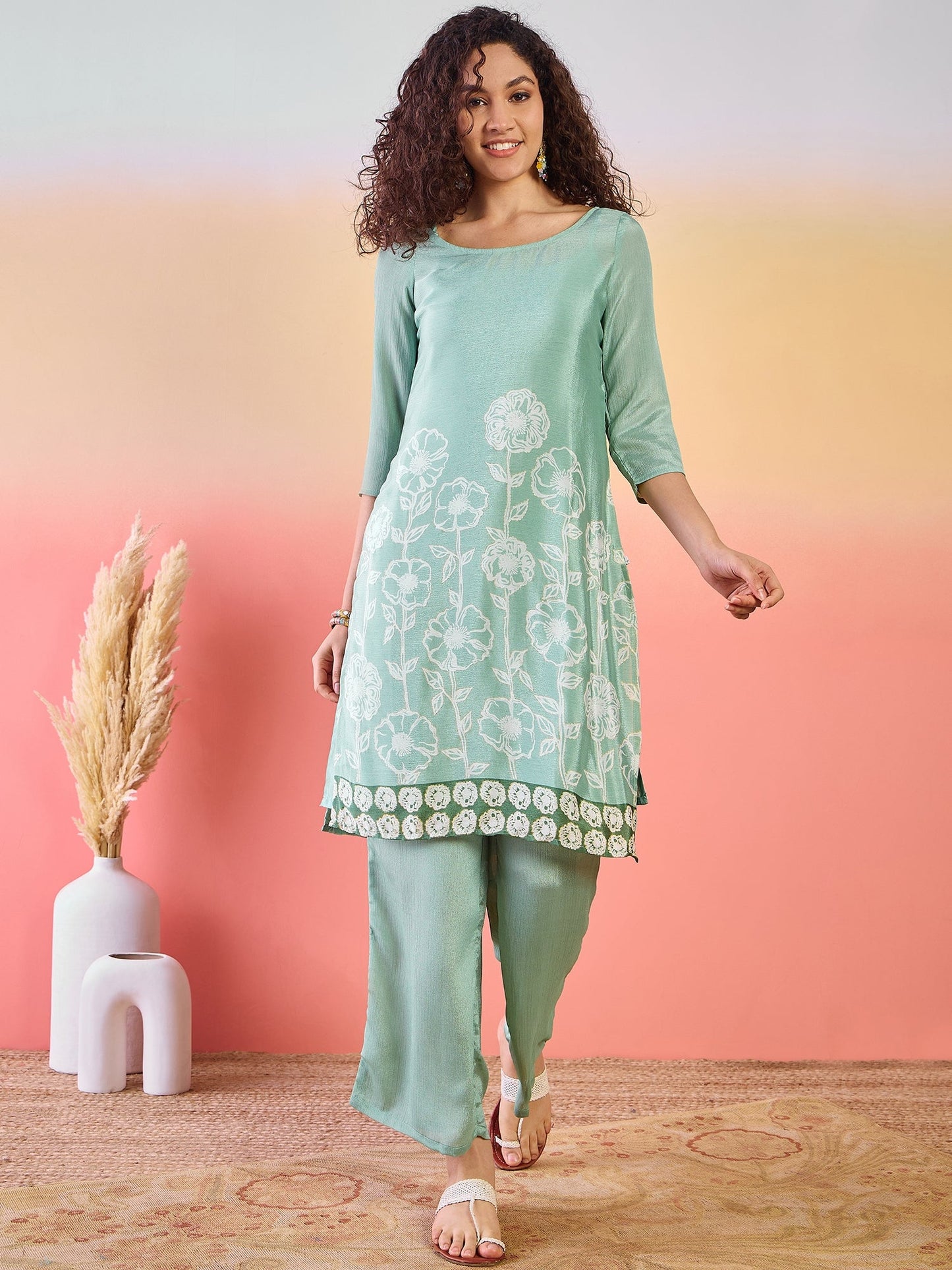 Green Floral Print Kurta With Palazzo