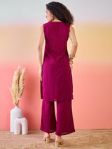 Maroon & Mauve Gold Foil Printed Kurta Palazzo With Jacket
