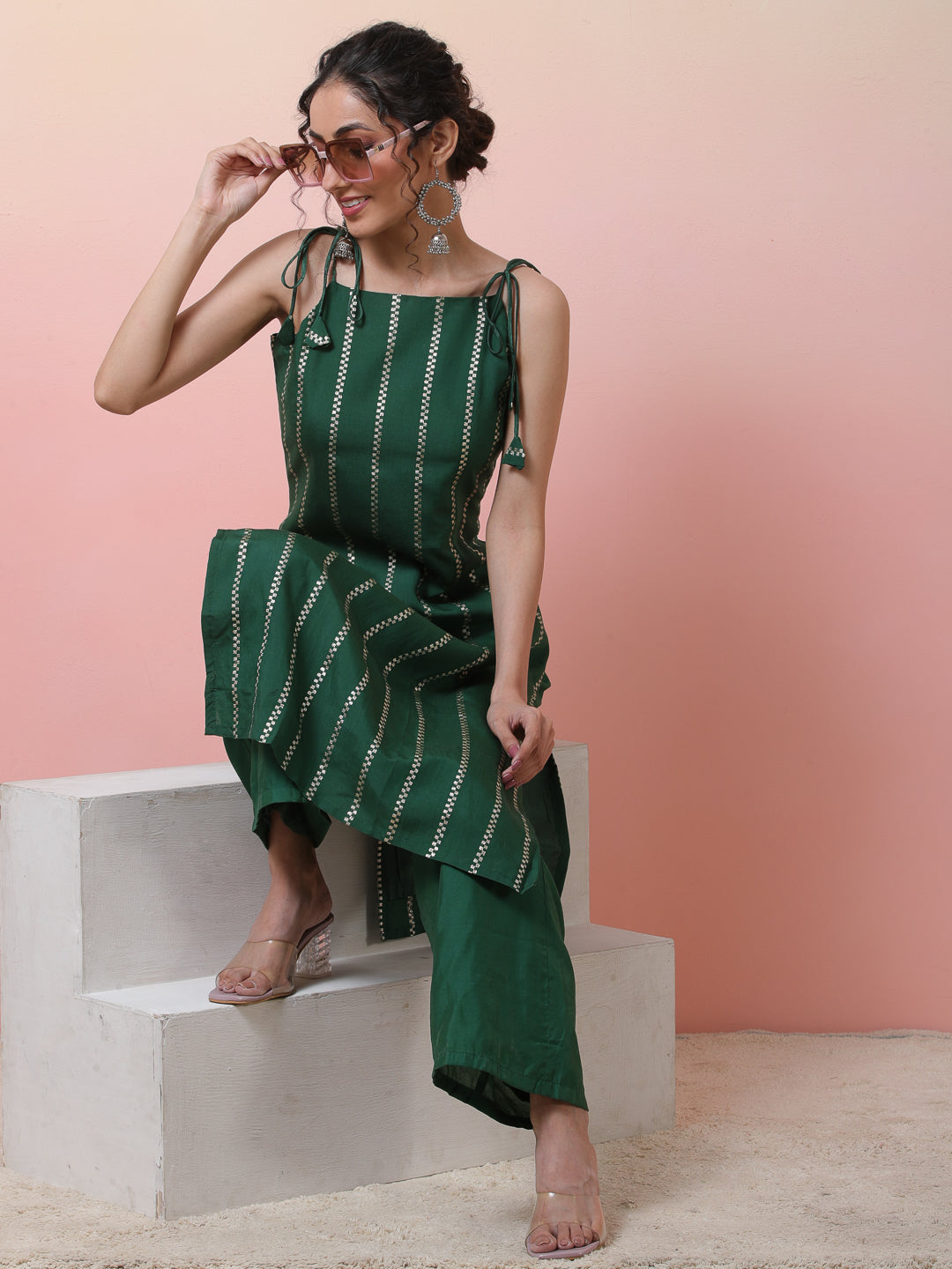 Green Striped Kurta With Palazzo - Elganza