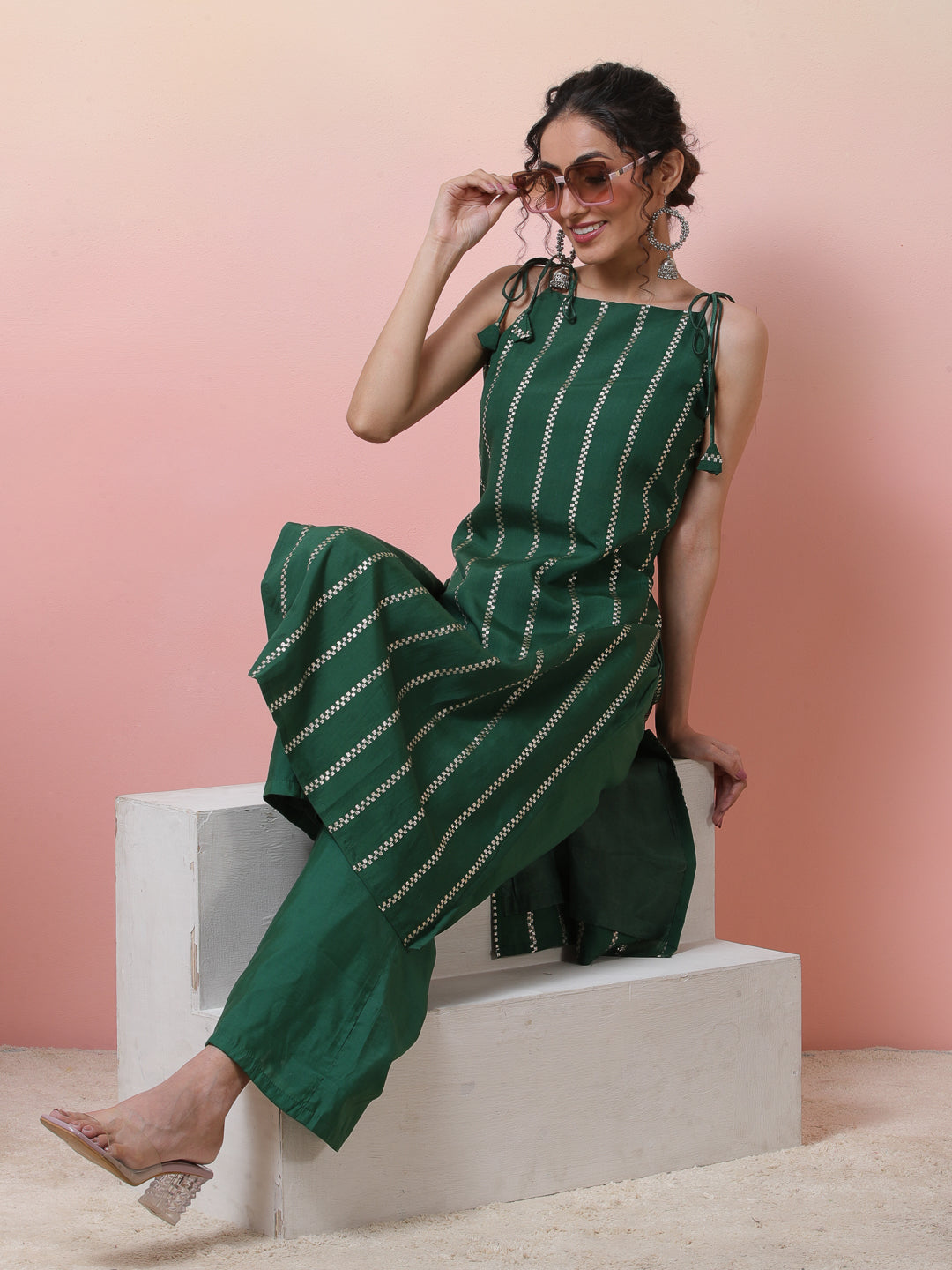 Green Striped Kurta With Palazzo - Elganza