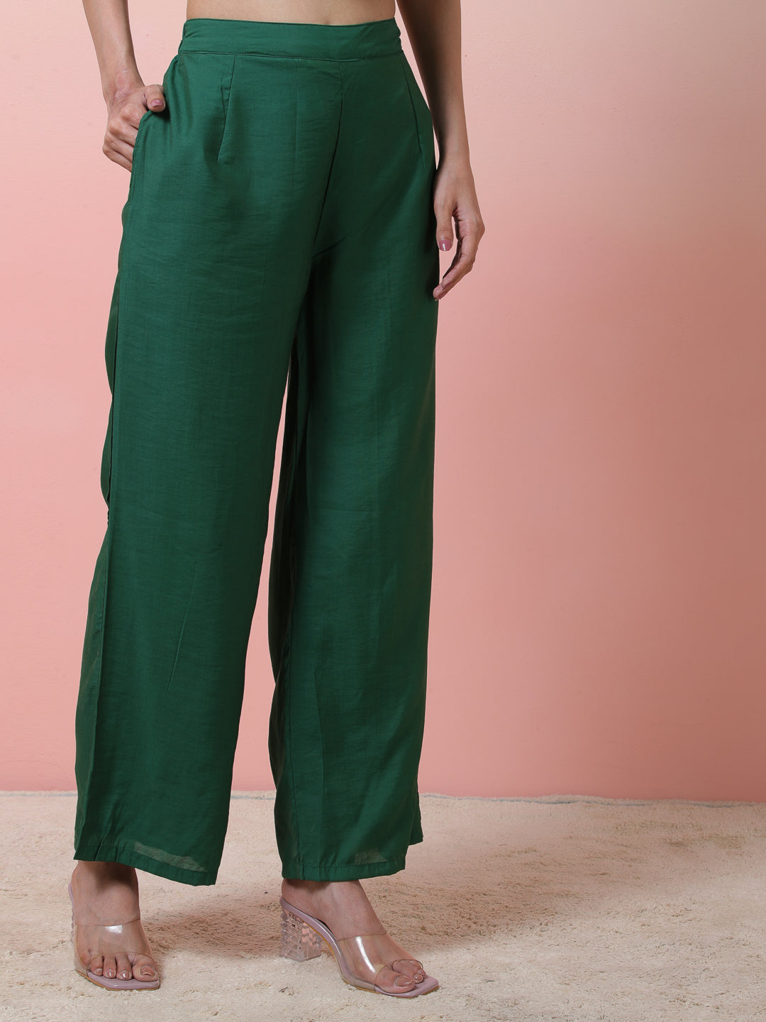 Green Striped Kurta With Palazzo - Elganza
