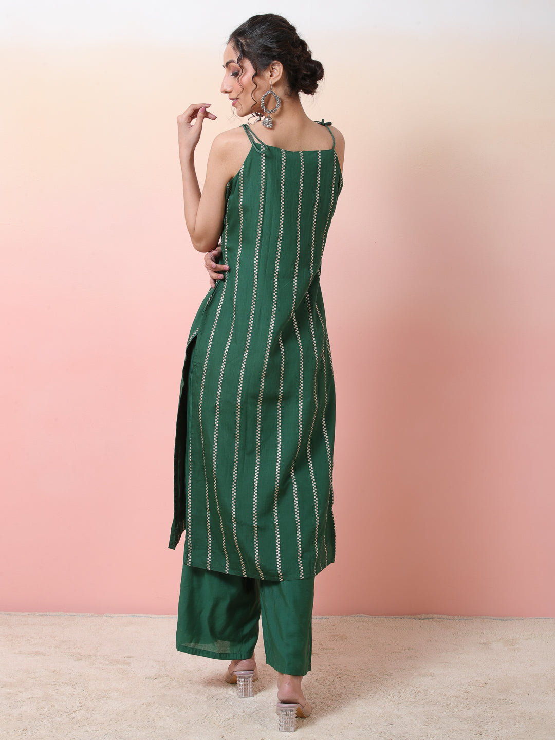 Green Striped Kurta With Palazzo - Elganza