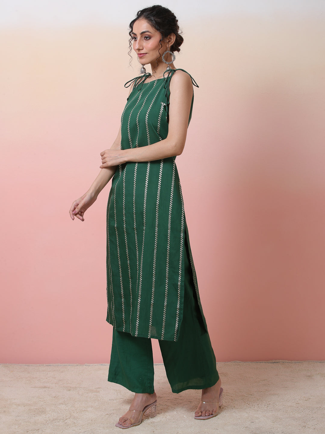 Green Striped Kurta With Palazzo - Elganza