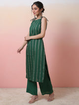 Green Striped Kurta With Palazzo - Elganza