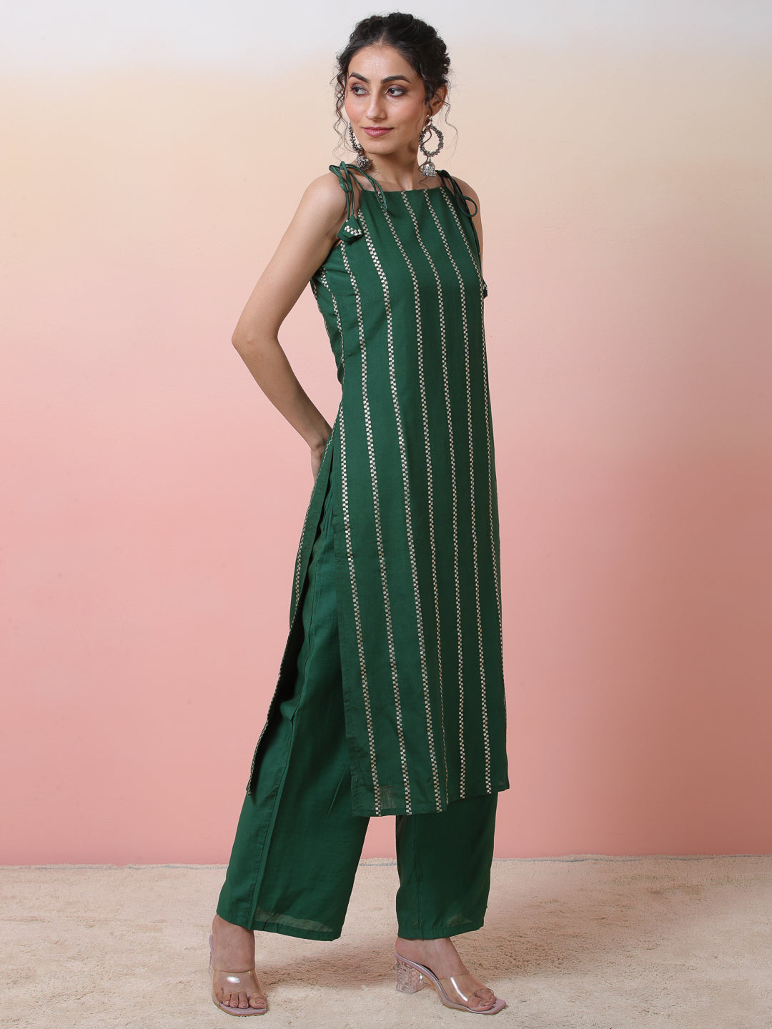 Green Striped Kurta With Palazzo - Elganza