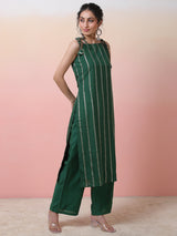 Green Striped Kurta With Palazzo - Elganza