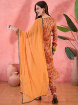 Orange Floral Print Anarkali Churidar With Dupatta