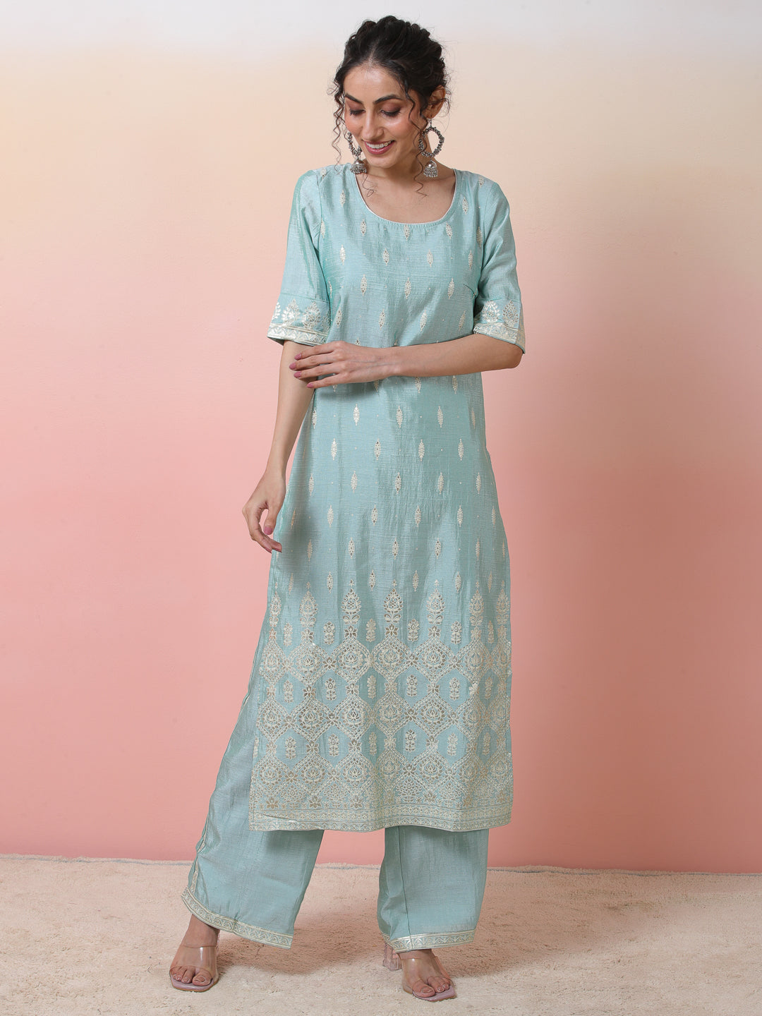 Blue Foil Printed Kurta With Palazzo - Elganza
