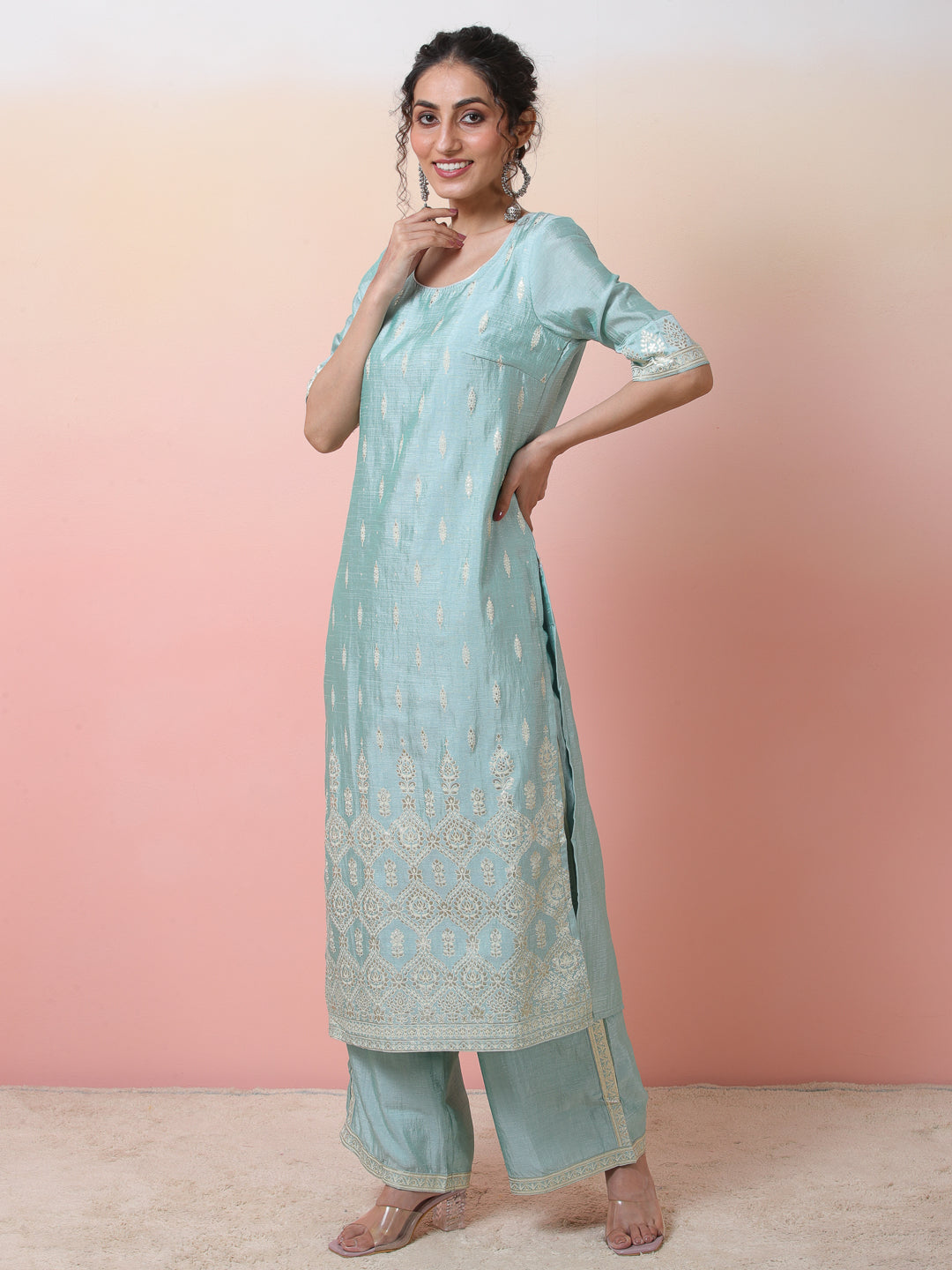 Blue Foil Printed Kurta With Palazzo - Elganza