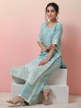 Blue Foil Printed Kurta With Palazzo - Elganza