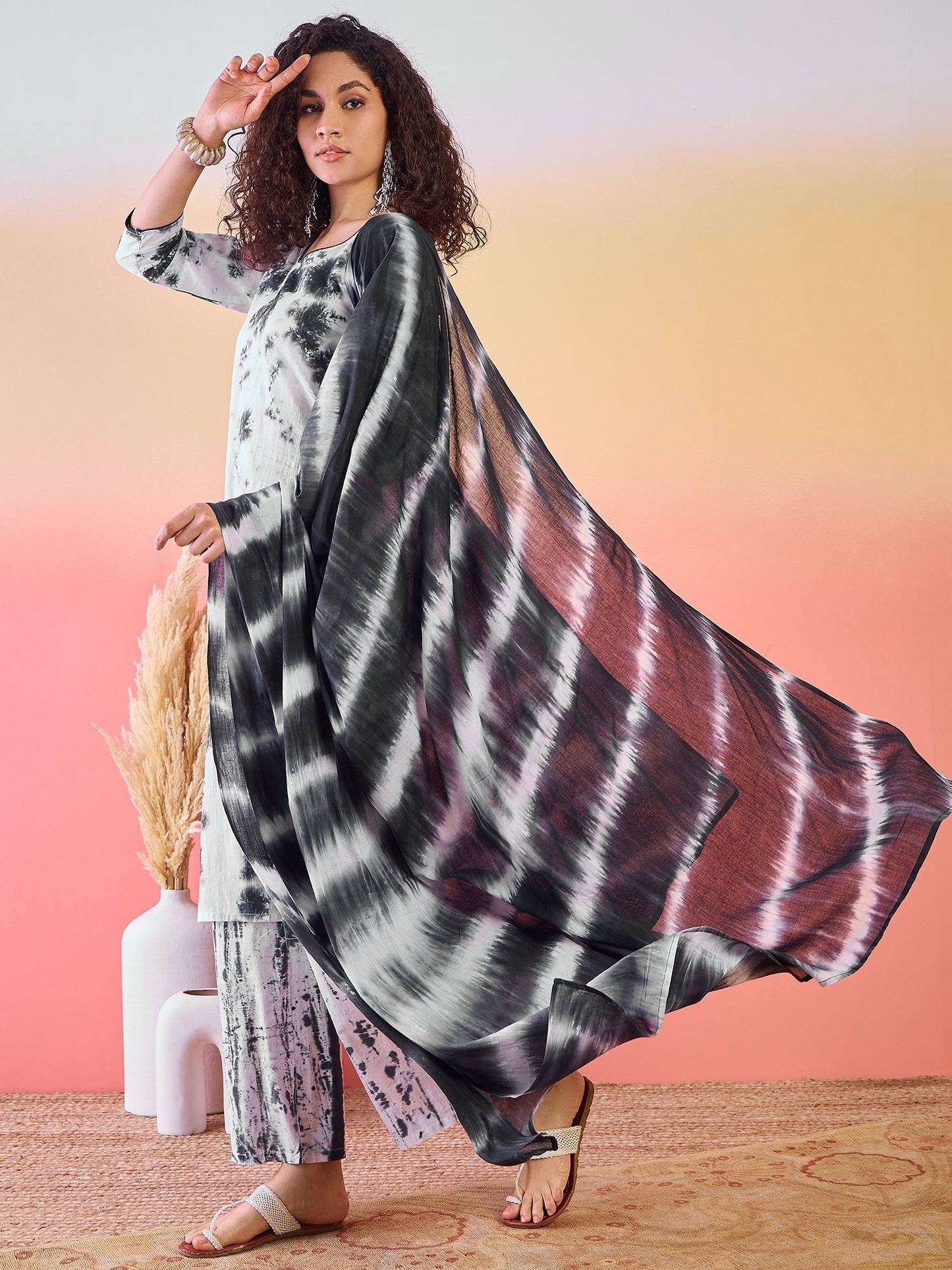 White & Black Tie-dye Kurta Palazzo With Dupatta - Elganza