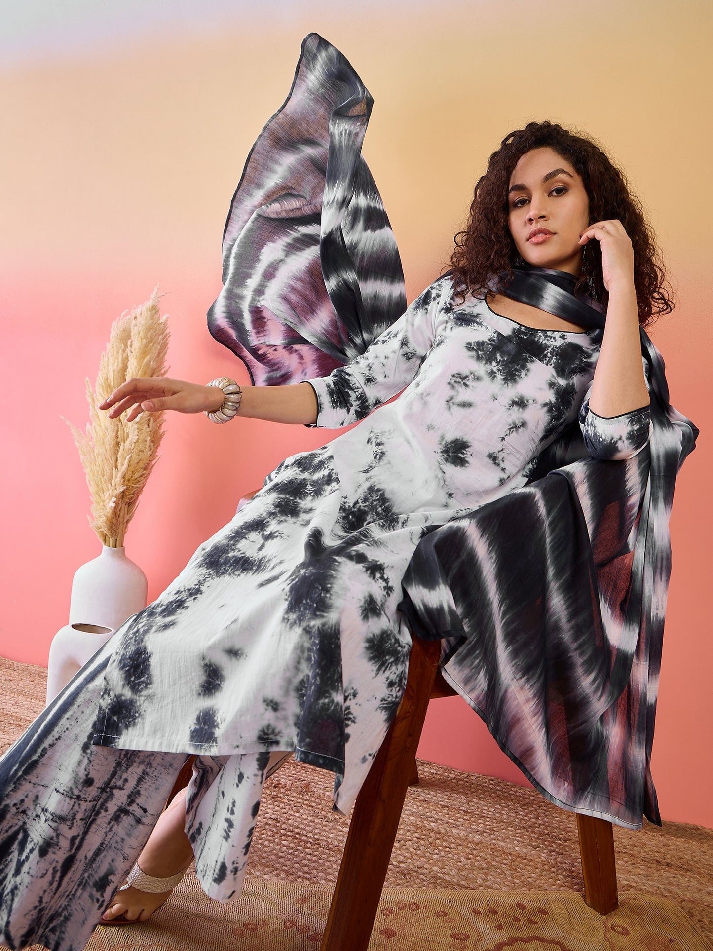 White & Black Tie-dye Kurta Palazzo With Dupatta - Elganza