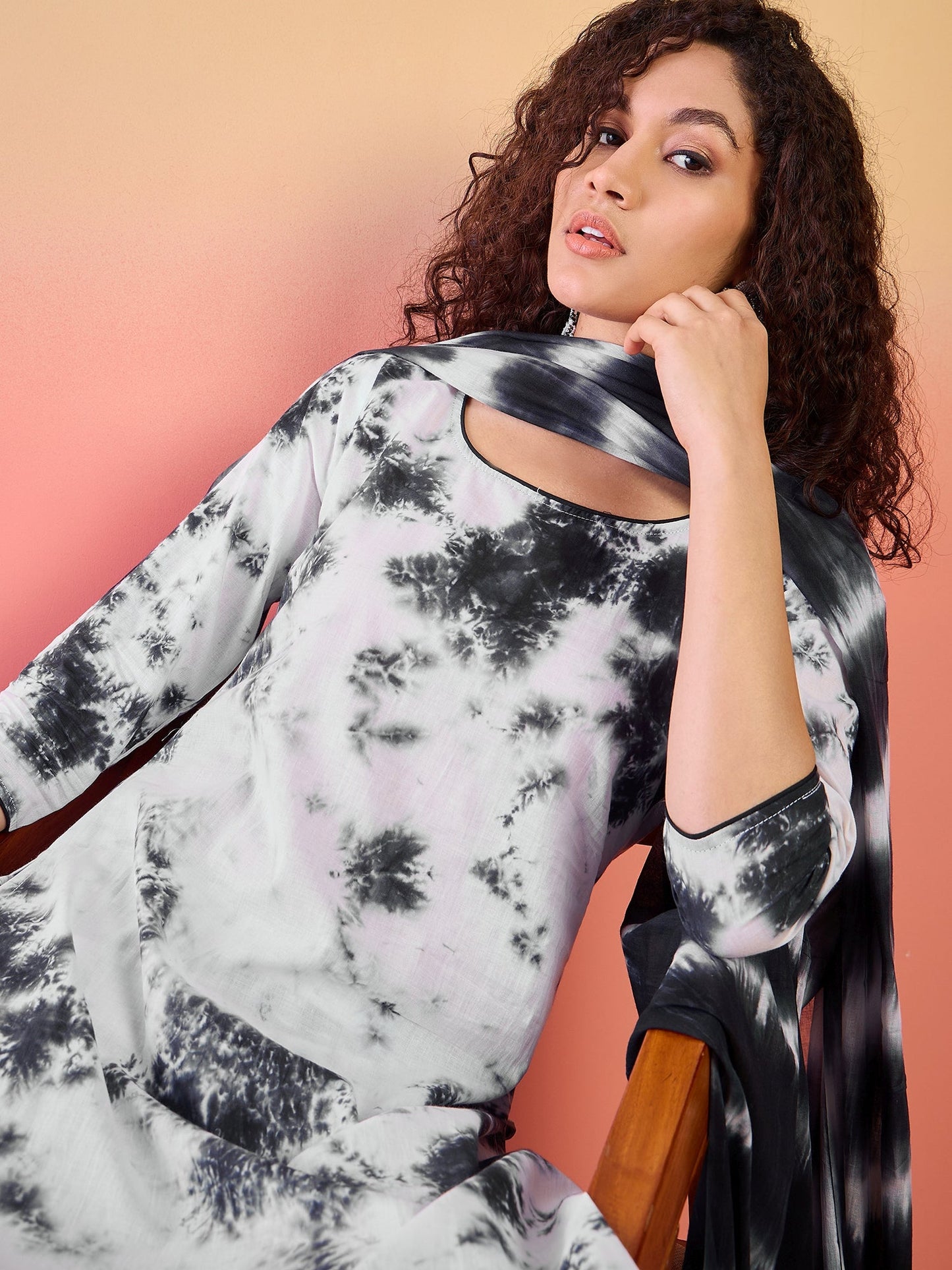 White & Black Tie-dye Kurta Palazzo With Dupatta - Elganza