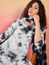 White & Black Tie-dye Kurta Palazzo With Dupatta - Elganza