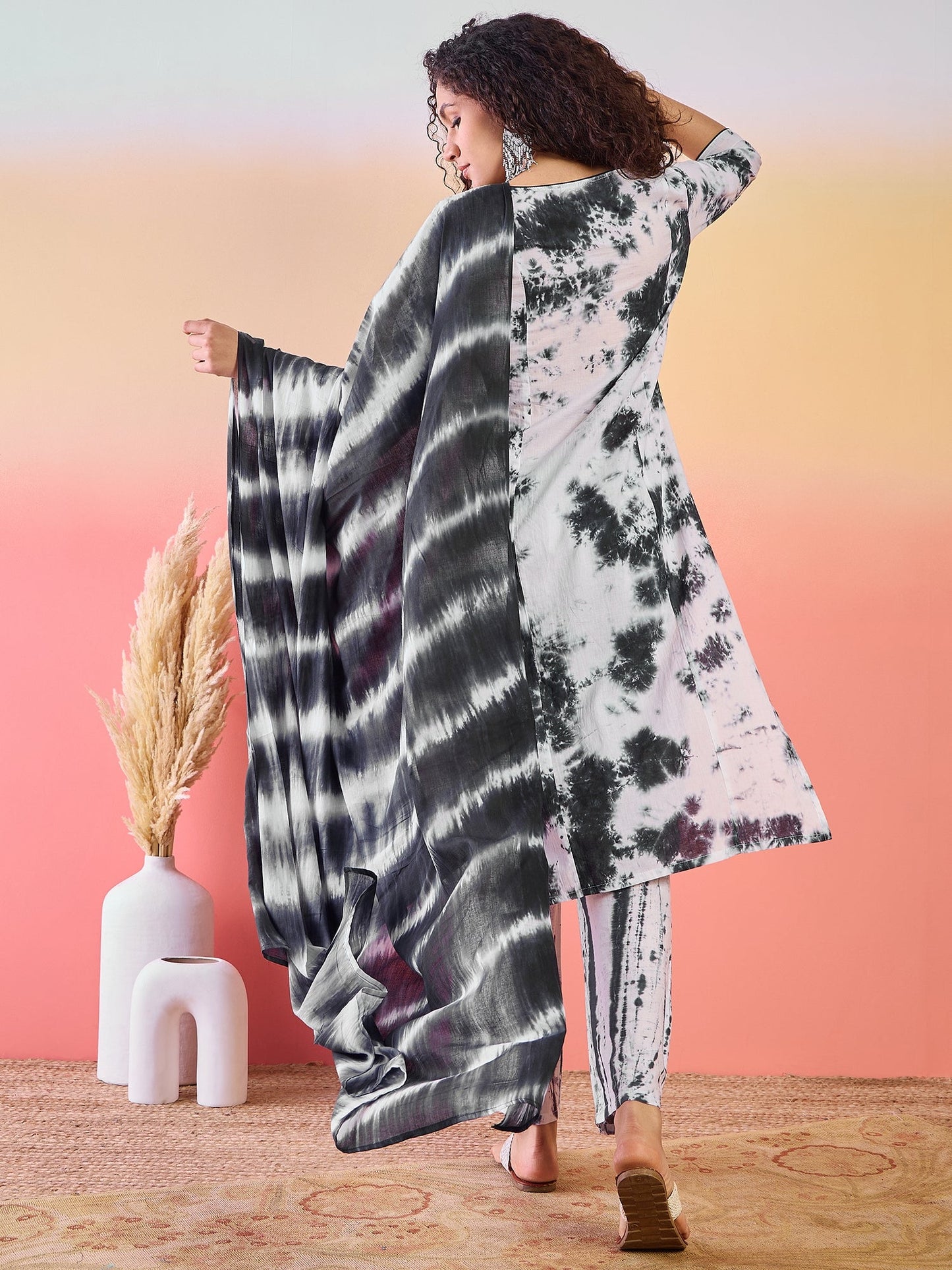 White & Black Tie-dye Kurta Palazzo With Dupatta - Elganza
