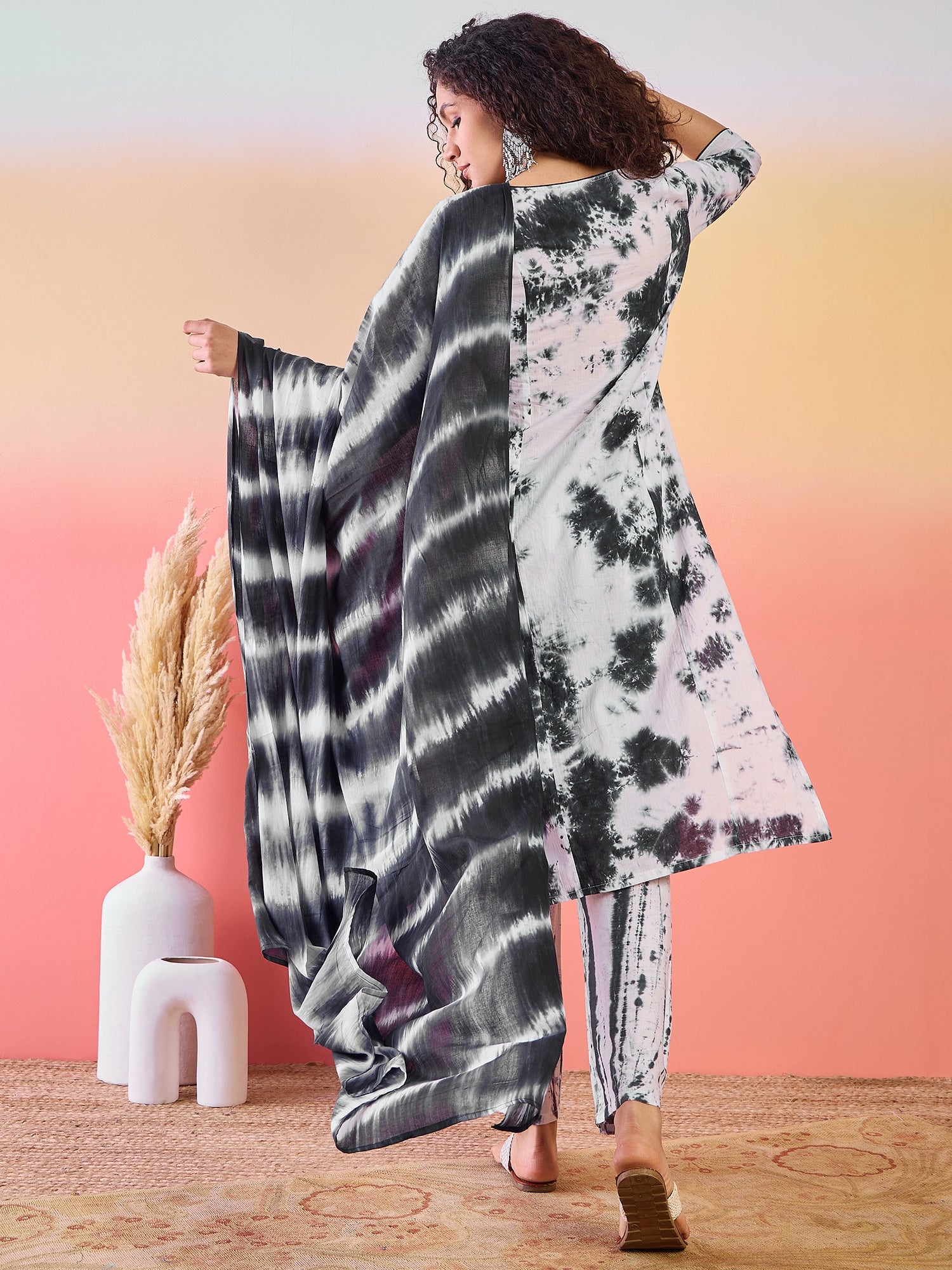 White & Black Tie-dye Kurta Palazzo With Dupatta - Elganza