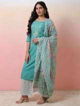 Green & White Printed Kurta Palazzo With Dupatta - Elganza